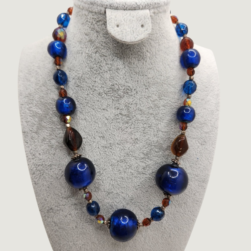 Chunky Cobalt Blue Glass Bead Statement Necklace Amber AB Accents 18-21 Inch